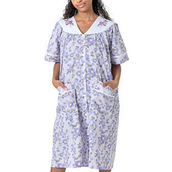 Women's Short Sleeve Woven Snap-front Closure Housecoat Duster Lounge Nightgown Robe