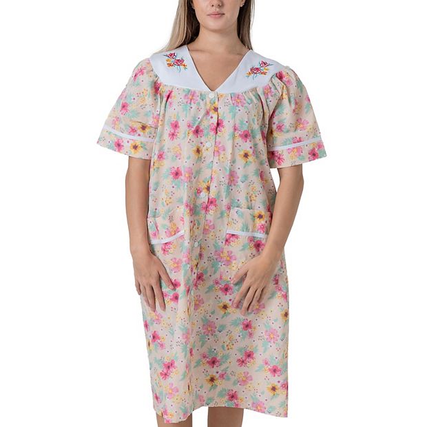 Women s Short Sleeve Woven Snap front Closure Housecoat Duster Lounge Nightgown Robe