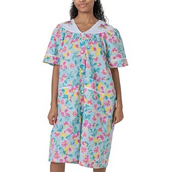Women's Short Sleeve Woven Snap-front Closure Housecoat Duster Lounge Nightgown Robe