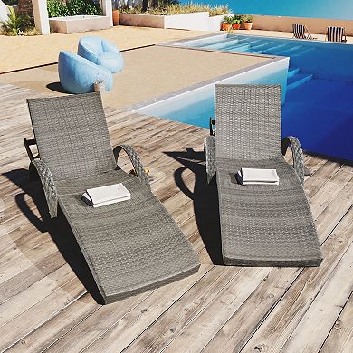 Outdoor Wicker Chaise Lounge Chairs Set Of 2, Patio Rattan Reclining Chair