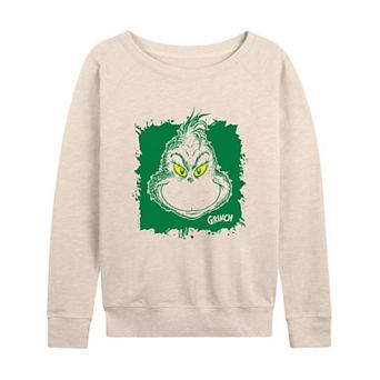 Women's Dr. Seuss Grinch Face Paint Splatter French Terry Long Sleeve Tee