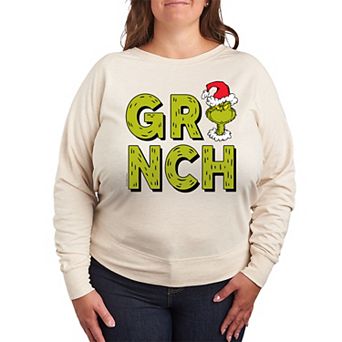 Plus Size Dr. Seuss Grinch Fur Letters French Terry Long Sleeve Tee