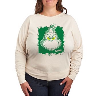 Plus Size Dr. Seuss Grinch Face Splatter French Terry Long Sleeve Tee