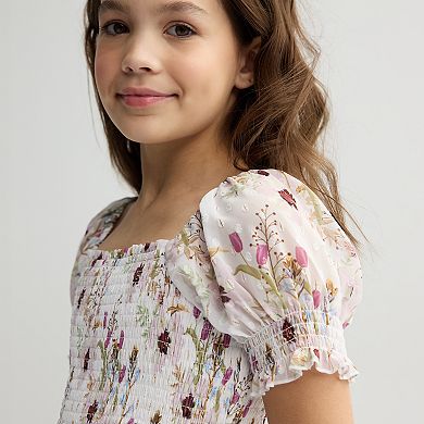 Girls 7-16 Inspired Hearts Printed Clip Dot Chiffon Dress with Smocked Bodice