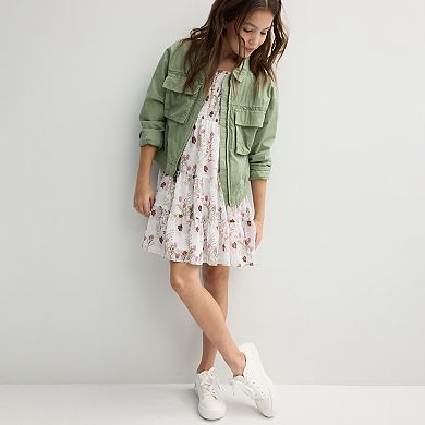 Girls 7-16 Inspired Hearts Printed Clip Dot Chiffon Dress with Smocked Bodice