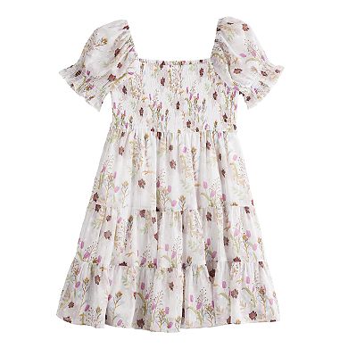 Girls 7-16 Inspired Hearts Printed Clip Dot Chiffon Dress with Smocked Bodice