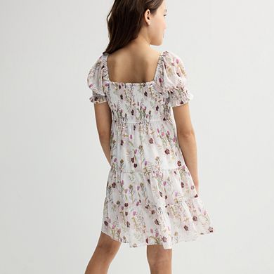 Girls 7-16 Inspired Hearts Printed Clip Dot Chiffon Dress with Smocked Bodice