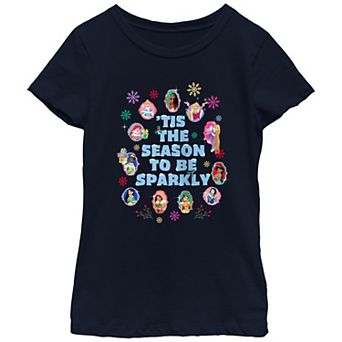 Disney Princess Ariel, Jasmine, Rapunzel, Tiana, Belle, Cinderella, Pocahontas, Aurora, Mulan, Snow White & Moana 'Tis The Season To Be Sparkly Girls 7-16 Graphic Tee