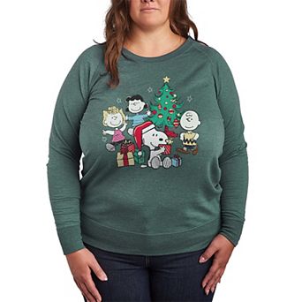 Plus Size Peanuts Group Christmas Tree French Terry Long Sleeve Tee