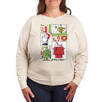 Plus Size Peanuts Snoopy & Woodstock Merry Christmas French Terry Long Sleeve Tee
