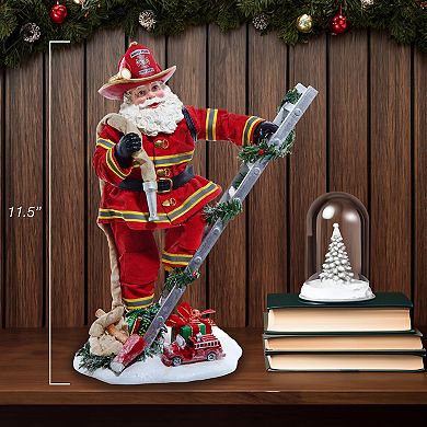 11.5-Inch Fabriché Fireman Santa On Ladder Table Decor