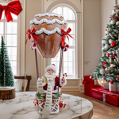 12-Inch Fabriché Gingerbread Hot Air Balloon Santa Table Decor