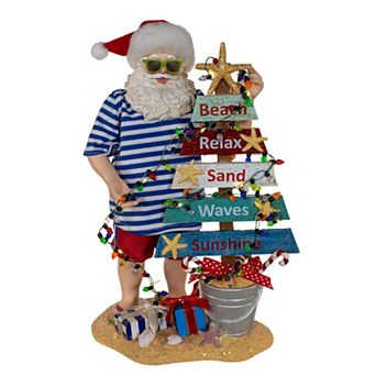 10.5-Inch Fabriché Beach Santa With Lighted Sign Table Decor
