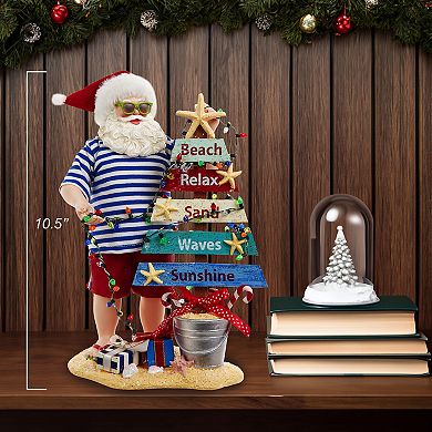 10.5-Inch Fabriché Beach Santa With Lighted Sign Table Decor