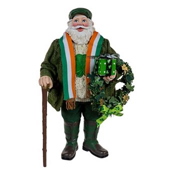 10.5-Inch Fabriché Musical Irish Santa With Wreath Table Decor