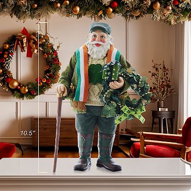 10.5-Inch Fabriché Musical Irish Santa With Wreath Table Decor
