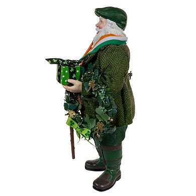 10.5-Inch Fabriché Musical Irish Santa With Wreath Table Decor