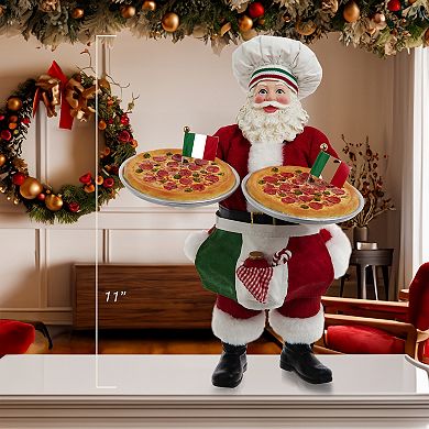 11-Inch Fabriché Chef Santa Holding Two Trays of Pizza Table Decor