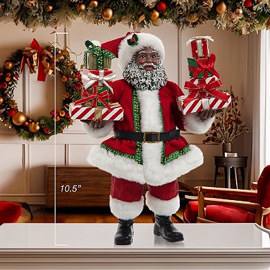 10.5-Inch Fabriché African American Santa with Gifts Table Decor