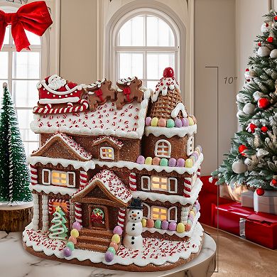 10-Inch Pre-Lit Gingerbread House With Santa Table Decor