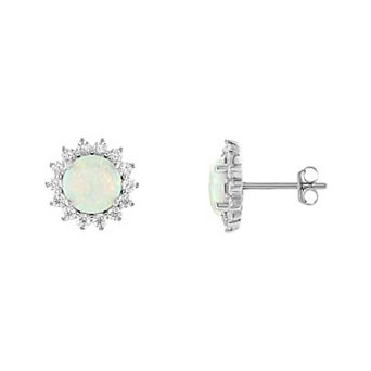 PRIMROSE Sterling Silver Cubic Zirconia And Opal Stone Flower Stud Earrings.