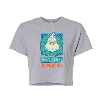 Juniors' Dr. Seuss Grinch Face Cropped Tee
