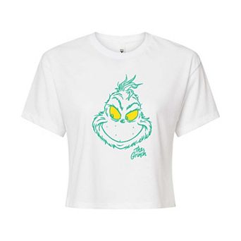 Juniors' Dr. Seuss Grinch Face Cropped Tee