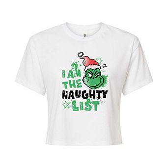 Juniors' Dr. Seuss Grinch Naughty List Cropped Tee