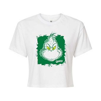 Juniors' Dr. Seuss Grinch Face Paint Splatter Cropped Tee