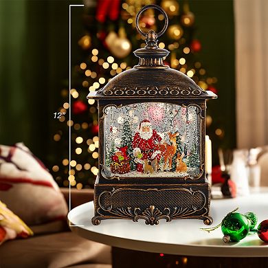 Kurt Adler 12 in. Battery-Operated Warm White LED Lighted Santa With Animals Lantern Table Decor