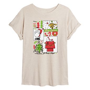 Juniors' Peanuts Snoopy & Woodstock Merry Christmas Oversized Tee
