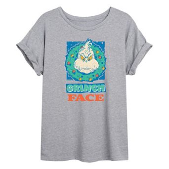 Juniors' Dr. Seuss Grinch Face Oversized Tee
