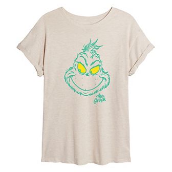 Juniors' Dr. Seuss Grinch Face Oversized Tee