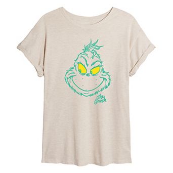 Juniors' Dr. Seuss Grinch Face Oversized Tee