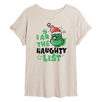 Juniors' Dr. Seuss Grinch Naughty List Oversized Tee