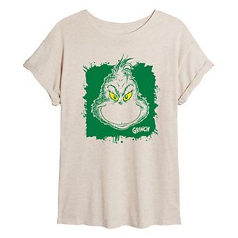 Juniors' Dr. Seuss Grinch Face Paint Splatter Oversized Tee