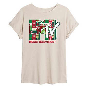 Juniors' MTV Christmas Pattern Oversized Tee