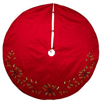 72-Inch Red Dupion Tree Skirt with Multi Sequin Poinsettia