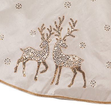 72-Inch White Tree Skirt with Gold Glitter Tree and Reindeer Design