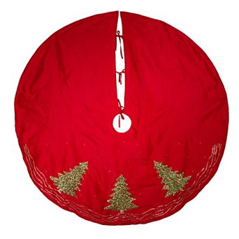 60-Inch Red Tree Skirt with Green Embroidered Tree Design
