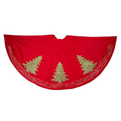 60-Inch Red Tree Skirt with Green Embroidered Tree Design
