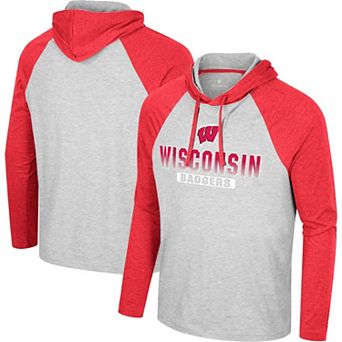 Men's Colosseum Heather Gray Wisconsin Badgers Hasta La Vista Raglan Hoodie Long Sleeve T-Shirt