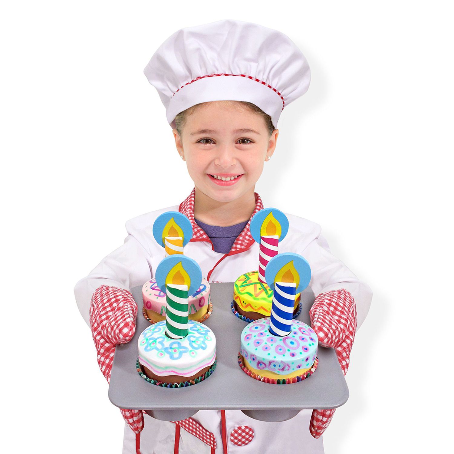 Melissa & Doug Set Gioco Cupcake Da Forno E Decorazione - 4 Cupcake In Legno, 3 Pennarelli Cancellabili, Guanto Forno, +Mini Pad Scratch Art In Omaggio