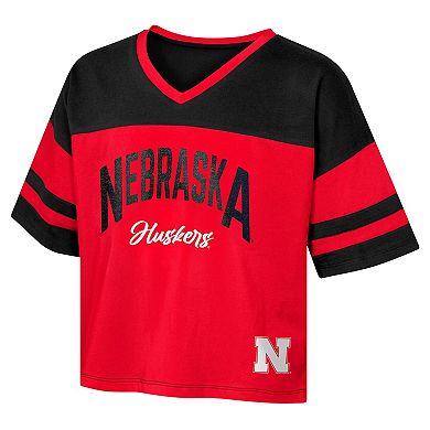 Girls Youth Scarlet Nebraska Huskers The Playmaker Sleeve Stripe V-Neck Jersey T-Shirt