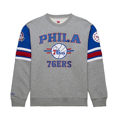 Men's Mitchell & Ness Heather Gray Philadelphia 76ers Hardwood Classics All Over 4.0 Pullover Sweatshirt