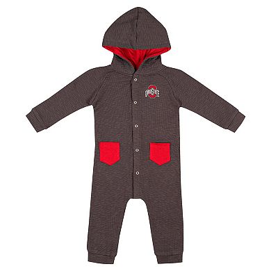 Newborn & Infant Colosseum Charcoal Ohio State Buckeyes Zando-Zan Waffle Full-Snap Hooded Romper
