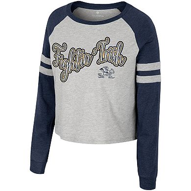 Women's Colosseum Heather Gray Notre Dame Fighting Irish I'm Gliding Here Raglan Long Sleeve Cropped T-Shirt