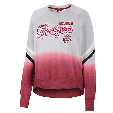 Women's Colosseum Gray Wisconsin Badgers Cue Cards Dip-Dye Raglan Pullover Sweatshirt