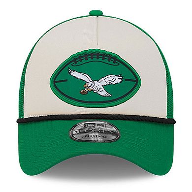Men's New Era Stone/Kelly Green Philadelphia Eagles 2024 Sideline Historic 9FORTY A-Frame Trucker Adjustable Hat