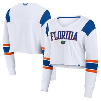Women's Fanatics White Florida Gators Training Camp Cropped Long Sleeve V-Neck Fashion Top